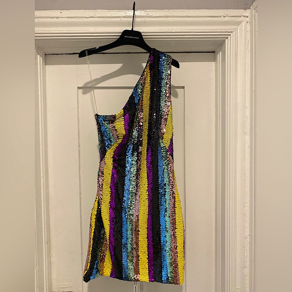 Mistress Rocks one shoulder multi color sequin dress SZ S